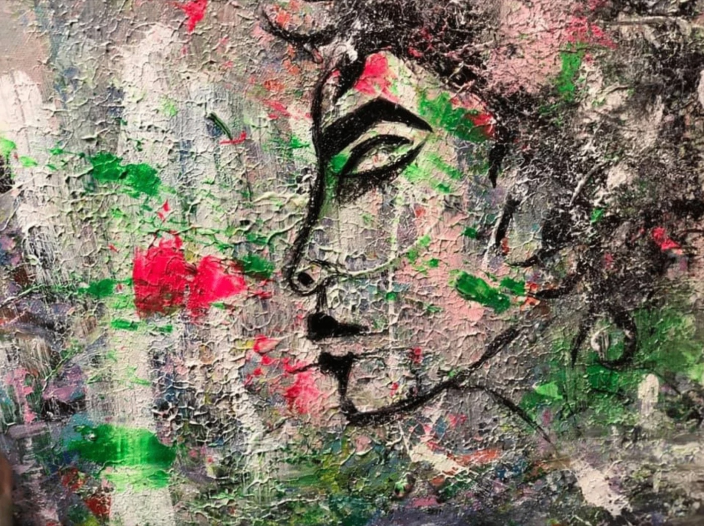 Abstract textured painting of a woman's face in greens, pinks, and black