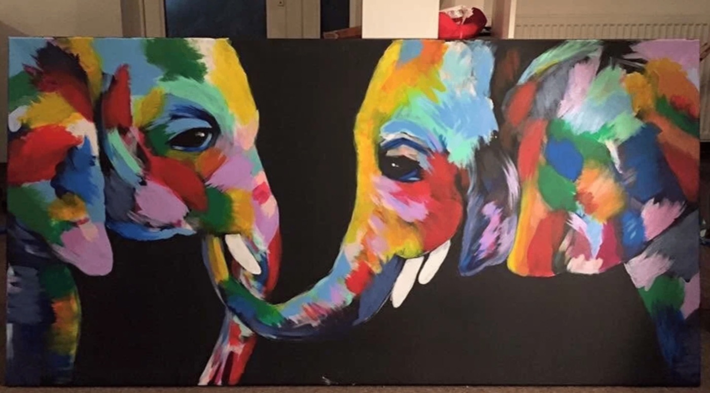 Vivid painting of two elephants touching trunks