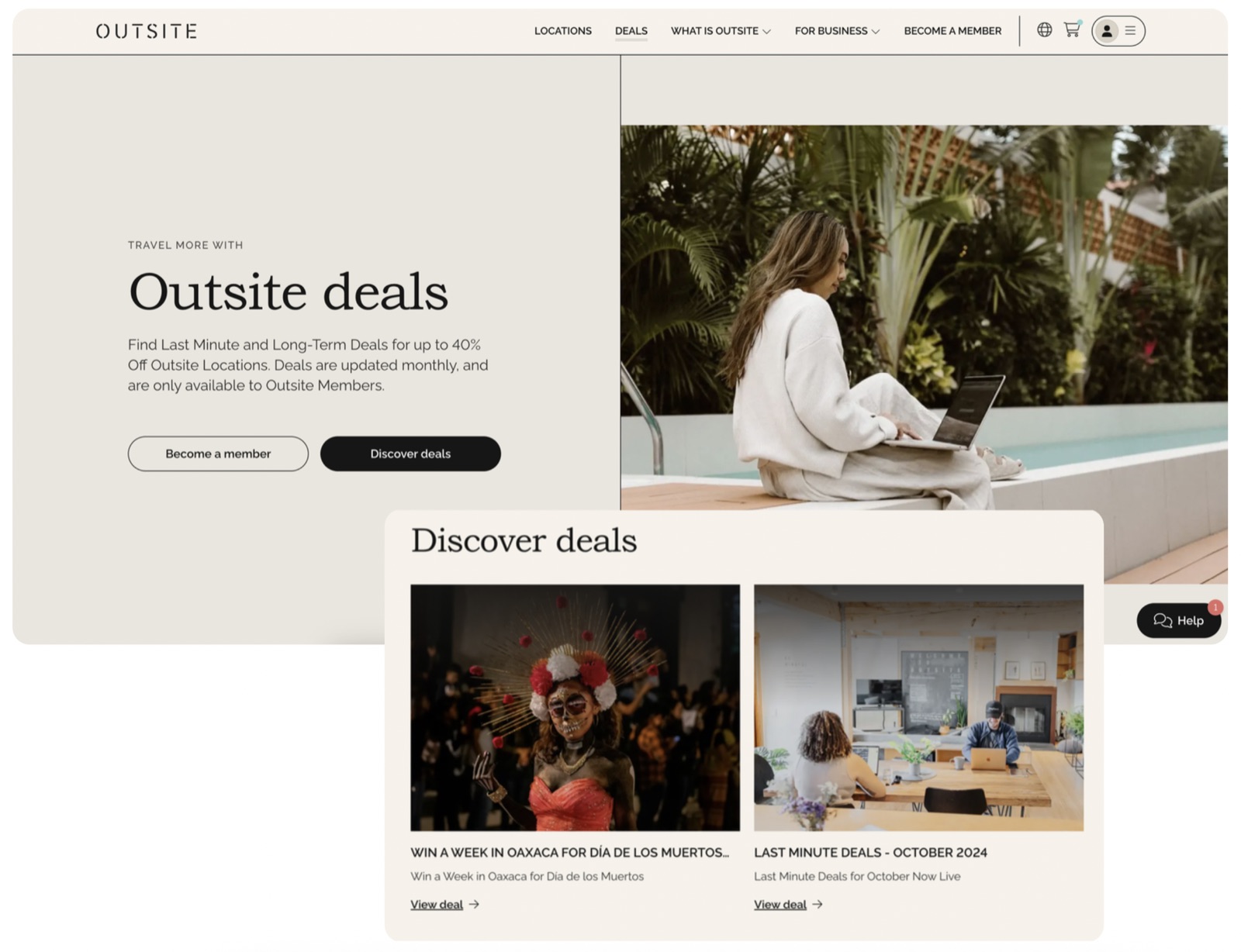 Outsite Deals Hub promoted in the main navigation, with a "Discover deals" browse view