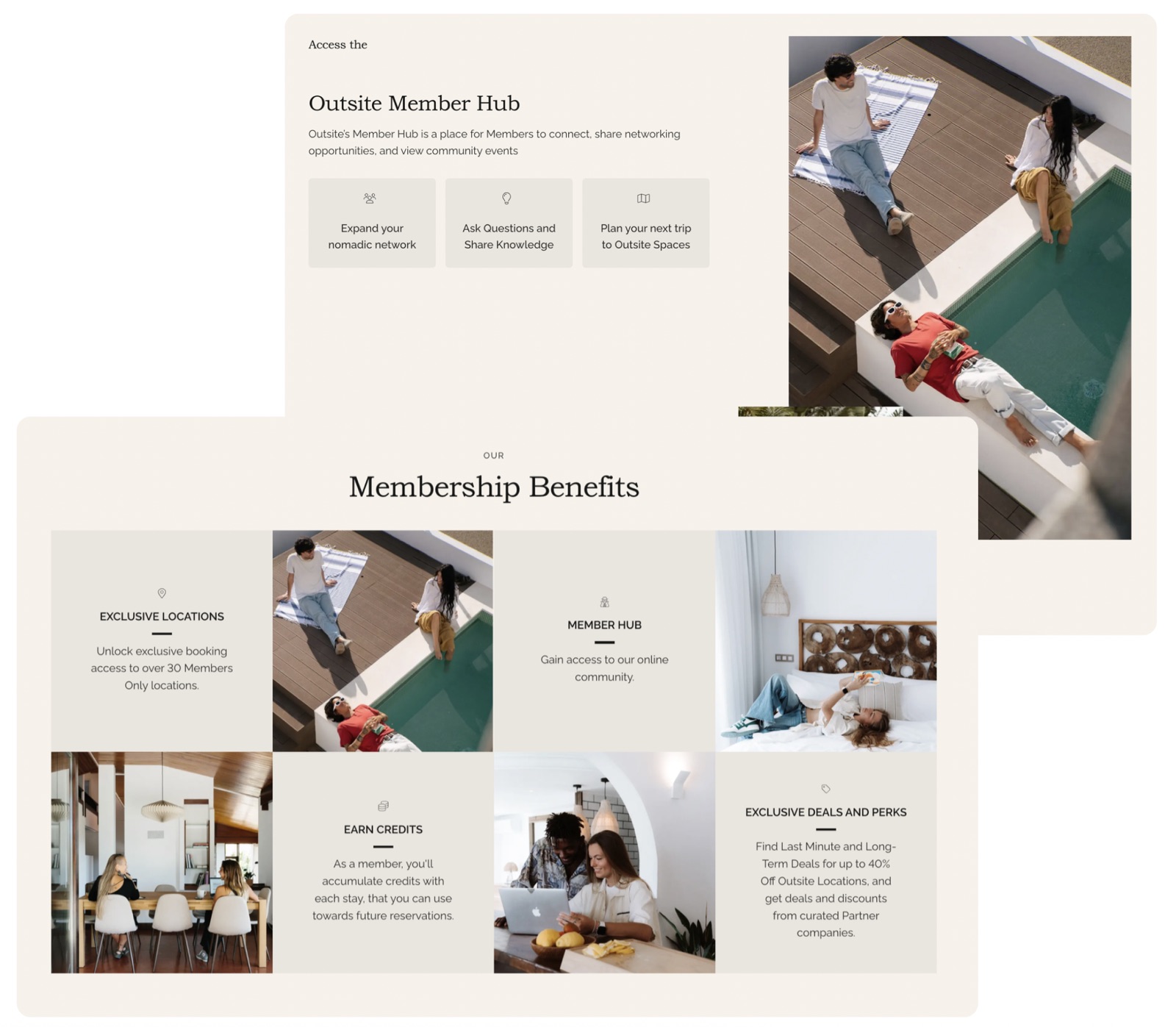 Outsite membership page — the Member Hub and a grid of membership benefits