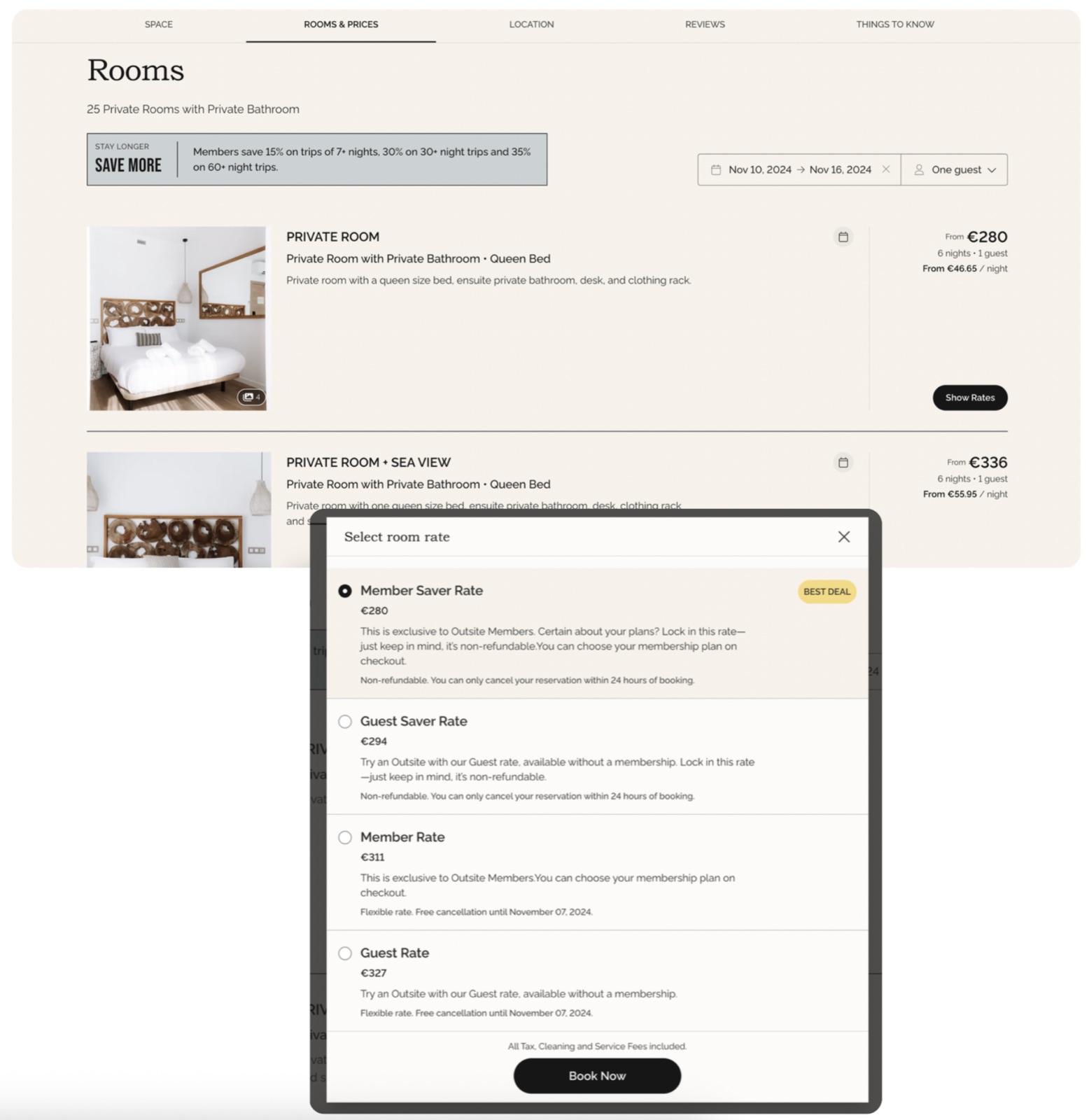 Discounted member rates built directly into the room-rate selection in the booking flow